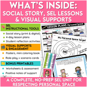personal-space-social-skills-lesson-plan-included-preview.png Preview of personal space SEL resource showing social story, lesson plans, posters, role-play cards, and printable activities