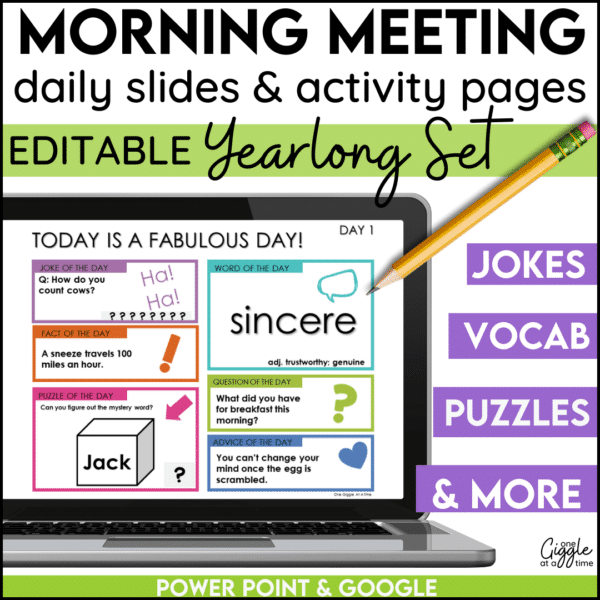 Morning Meeting Daily Slides & Activity Pages Editable Yearlong Set