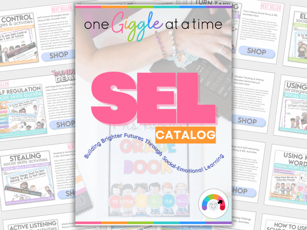 cover and sample pages of one giggle at a time SEL catalog