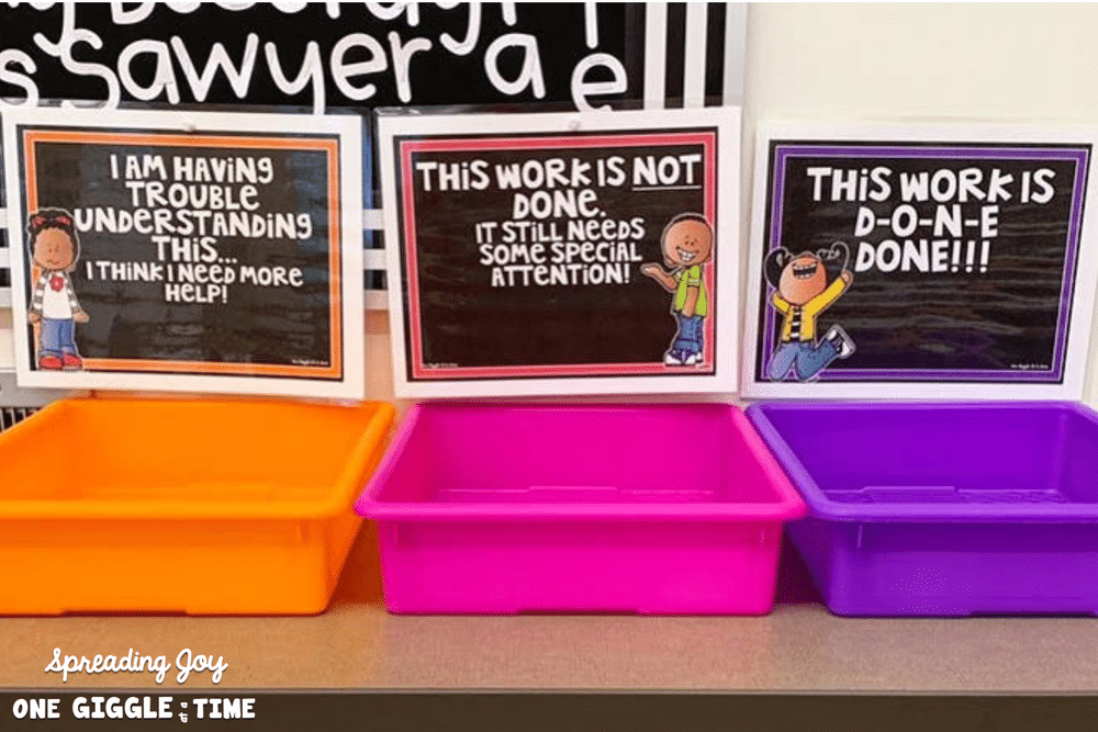 three finished work bins with different labels for students to choose where work goes