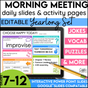 Bell Ringers for Middle School and High Schoolers Morning Meeting Daily Editable Slide