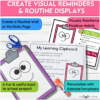 Visual display showing clipboard craft, SEL poem, and classroom poster to reinforce routine use of clipboards in early childhood classrooms
