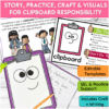Clipboard routine visuals, SEL story, and craft with writing sample designed to teach responsibility for classroom tools