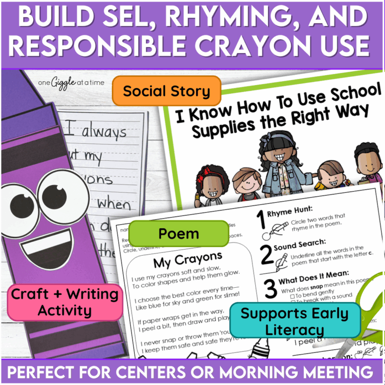 Crayon-themed SEL activities including a social story, phonics review, rhyming poem, and printable craft with writing pages shown in a colorful layout.