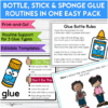 A preview of bottle, stick, and sponge glue poems and Do/Don’t visuals designed to teach kids classroom glue routines in a fun and engaging way.