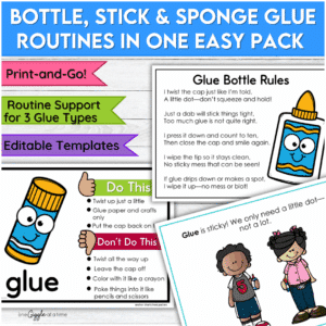 A preview of bottle, stick, and sponge glue poems and Do/Don’t visuals designed to teach kids classroom glue routines in a fun and engaging way.