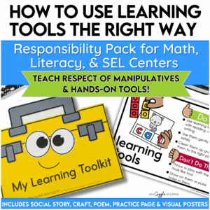 Image of yellow learning toolkit craft and classroom visuals for teaching learning tool respect; highlights math, SEL, and literacy centers.
