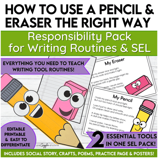 Cover image showing pencil and eraser crafts, SEL poems, and a social story designed to teach proper pencil and eraser use for writing routines and self-regulation in K–2.