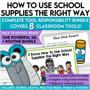 Cover image for How to Use School Supplies the Right Way – shows scissors and glue stick crafts, SEL poem, and social story. Text highlights 8 tools in one bundle.