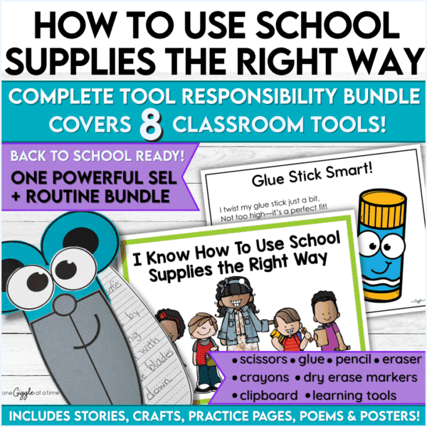Cover image for How to Use School Supplies the Right Way – shows scissors and glue stick crafts, SEL poem, and social story. Text highlights 8 tools in one bundle.