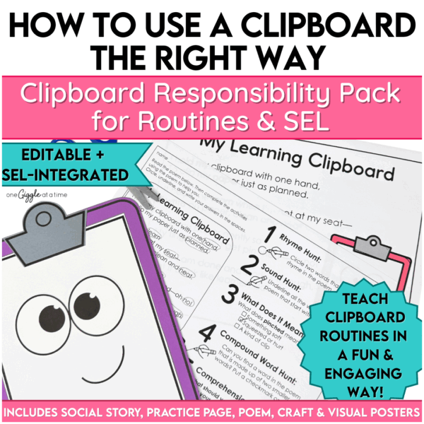 SEL-focused clipboard responsibility pack with routine poem, student worksheet, and character craft