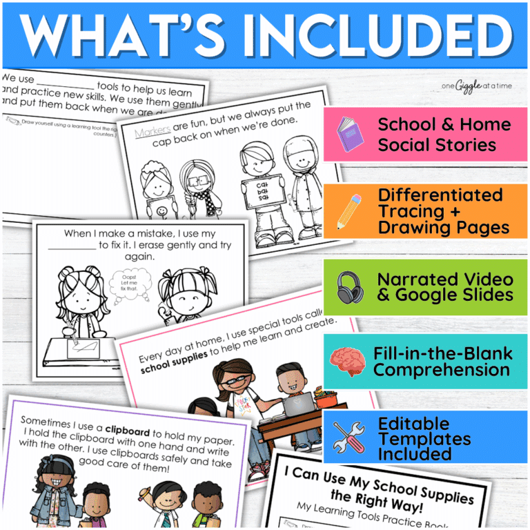 Preview of printable school supply SEL pack featuring story pages, comprehension prompts, editable templates, and student-friendly images for classroom use.