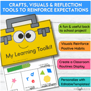 Yellow learning toolkit craft with checklist-style writing activity page, highlighting editable templates and classroom display visuals.