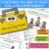 Printable learning tools poem, checklist page, and craft display showing SEL and tool care teaching resources.