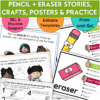 Image displaying pencil and eraser social stories, posters, and practice pages to help students build SEL routines and writing habits in early elementary classrooms.
