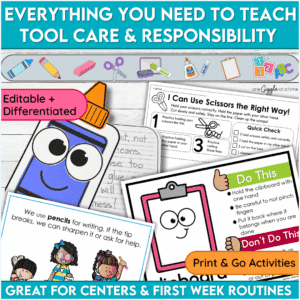 Clip art of glue bottle, clipboard, pencil and students using school supplies with SEL visuals and classroom tool expectations.