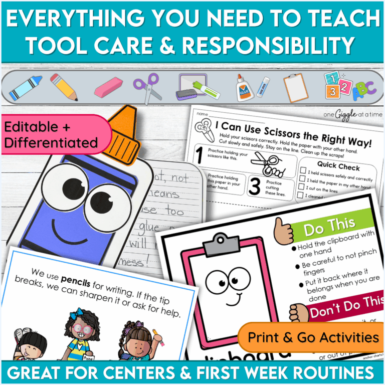 Clip art of glue bottle, clipboard, pencil and students using school supplies with SEL visuals and classroom tool expectations.