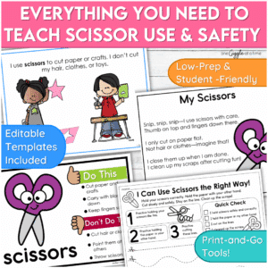 Scissors safety visuals and posters with a student-friendly checklist, SEL poem, and editable Do/Don’t anchor chart.