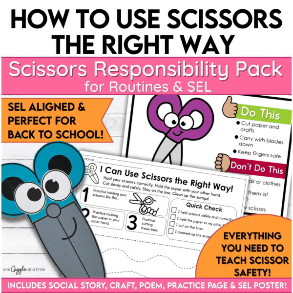Printable scissors responsibility pack with smiling scissors craft, social story, SEL poem, routine checklist, and anchor chart.