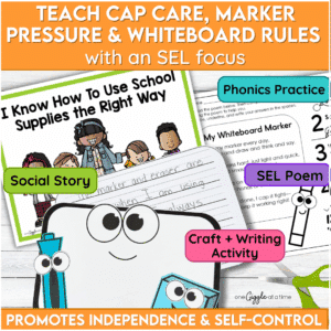 Editable responsibility pack for dry erase markers and whiteboards featuring phonics page, SEL poem, craft, and social story.