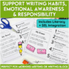 Printable SEL poems and phonics skill sheets for pencil and eraser care, shown with student drawings and rhyming activities to support emotional awareness and writing routines.