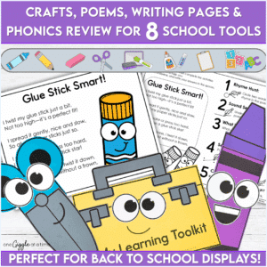 Crafts and poems for glue stick, scissors, crayons, and learning tools with phonics skill pages reinforcing classroom routines.