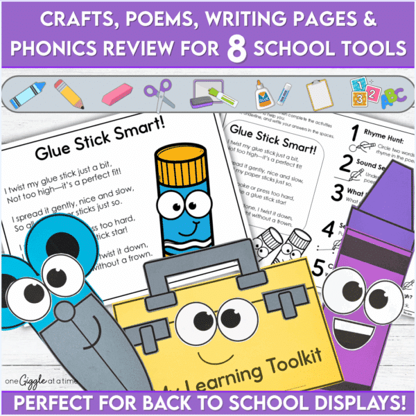 school-supply-crafts-poems-phonics-pages-overview Crafts and poems for glue stick, scissors, crayons, and learning tools with phonics skill pages reinforcing classroom routines.