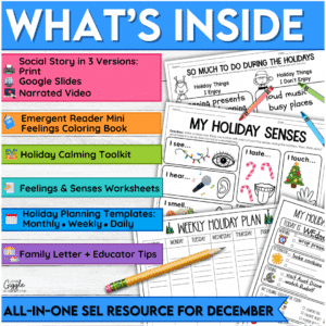 What’s included in Christmas social story and December SEL resource with calming toolkit, worksheets, mini feelings book, and holiday planning templates.