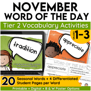 November Word of the Day Vocabulary Add on Pack for Grades 1-3