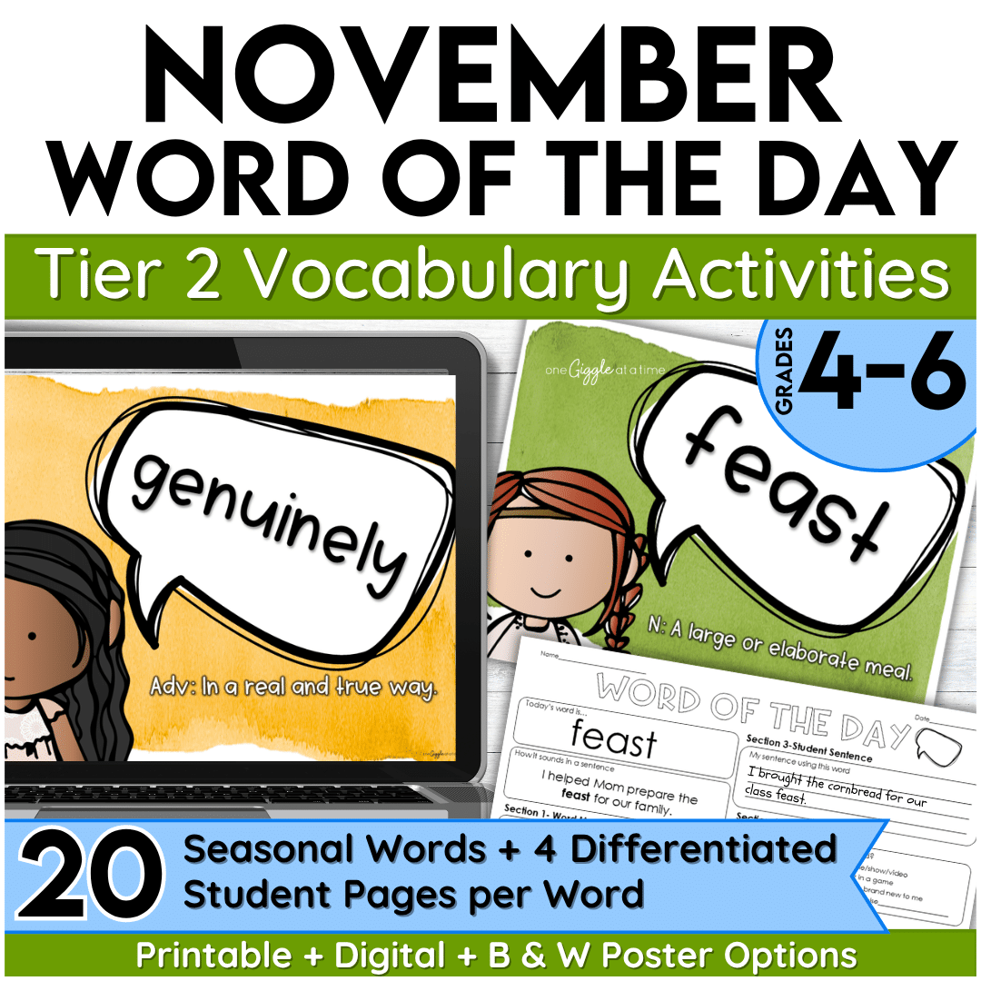 November Word of the Day Vocabulary Add on Pack for grades 4-6