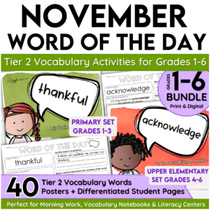 November Word of the Day Vocabulary Add on Bundle for Grades 1-6